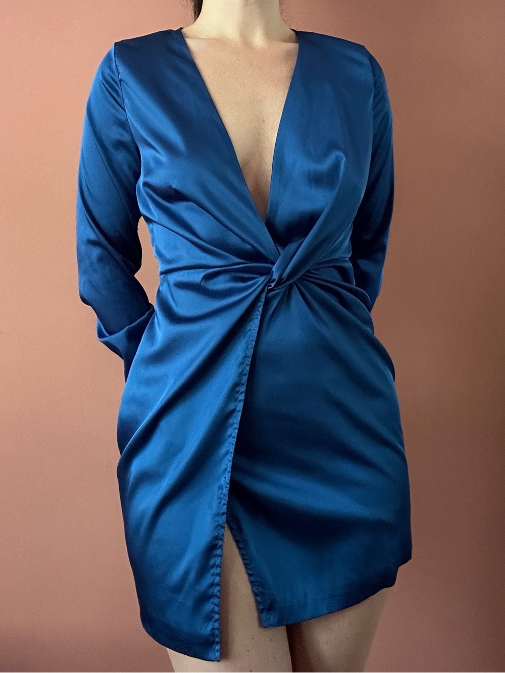 Fashion Nova Blue Satin Long Sleeve Twist Front Mini Dress - Picture 3 of 6